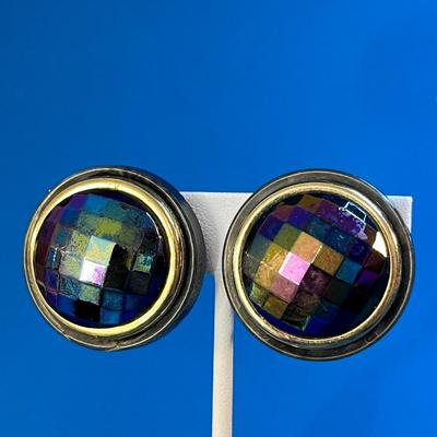 VINTAGE IRIDESCENT FACETED BUTTON EARRINGS ARTIST SIGNED