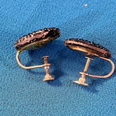 ANTIQUE BLACK GLASS INTRICATE BUTTON EARRINGS 