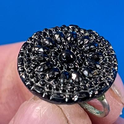 ANTIQUE BLACK GLASS INTRICATE BUTTON EARRINGS 