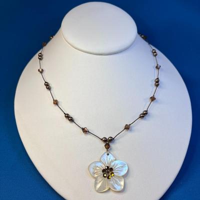 CARVED MOTHER OF PEARL FLOWER PENDANT w/BEADED CHAIN NECKLACE