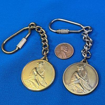 PAIR OF BRASS HARPIST AWARD MEDALLION KEY CHAIN FOBS