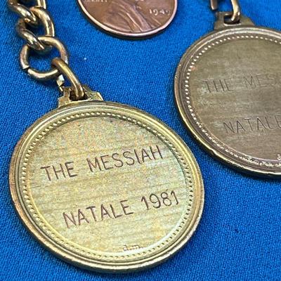 PAIR OF BRASS HARPIST AWARD MEDALLION KEY CHAIN FOBS