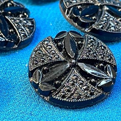 SET OF 6 EARLY BLACK GLASS ORNATE BUTTONS VICTORIAN?