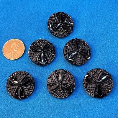 SET OF 6 EARLY BLACK GLASS ORNATE BUTTONS VICTORIAN?