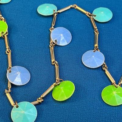 FUN MOD 60â€™s STYLE DANGLE BEAD NECKLACE BLUE GREEN DISCS ON CHAIN