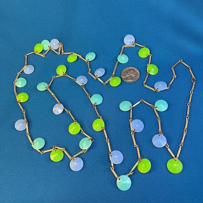 FUN MOD 60â€™s STYLE DANGLE BEAD NECKLACE BLUE GREEN DISCS ON CHAIN