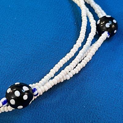 WHITE GLASS BEADED NECKLACE w/ 4â€ TASSEL, FUN ACCENT BEADS