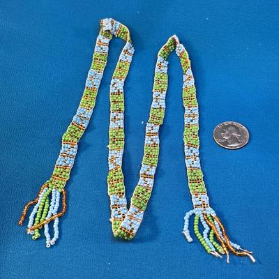 BLUE, GREEN, GOLD GLASS BEADED BAND NECKLACE w/ TASSLES