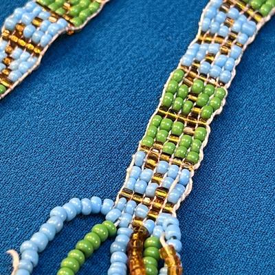 BLUE, GREEN, GOLD GLASS BEADED BAND NECKLACE w/ TASSLES