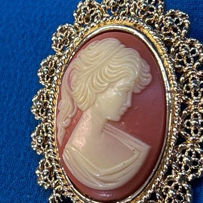 LOVELY FAUX CAMEO PIN PENDANT FANCY BORDER NICE DETAIL