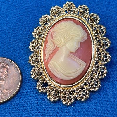 LOVELY FAUX CAMEO PIN PENDANT FANCY BORDER NICE DETAIL