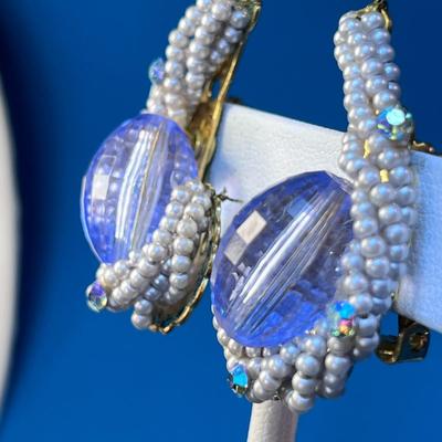 PRETTY PURPLE FAUX PEARL, FACETED BEAD, RHINESTONE EARRINGS