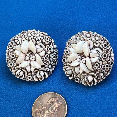 INTERESTING MILLEFLORE-TYPE 3-D FLOWER BUTTON EARRINGS