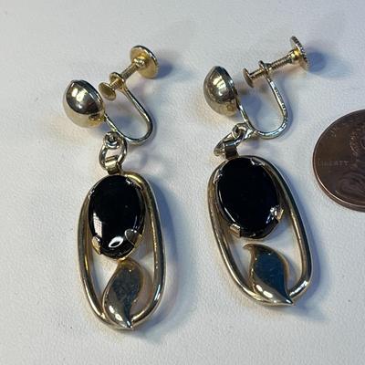 VINTAGE DANGLY BLACK, GOLD STYLIZED LEAF EARRINGS