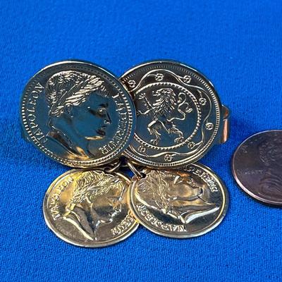 UNUSUAL DOUBLE SIDED SCARF CLIP DANGLY FAUX NAPOLEON COINS