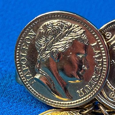 UNUSUAL DOUBLE SIDED SCARF CLIP DANGLY FAUX NAPOLEON COINS