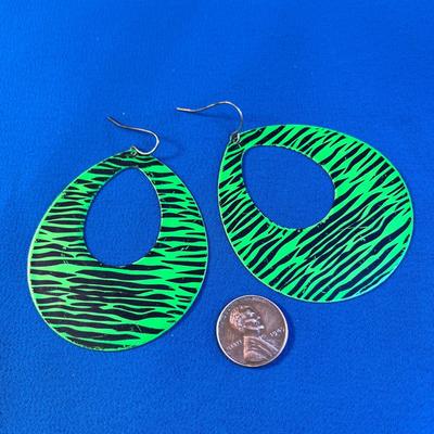 BIG WILD LIME GREEN AND ANIMAL STRIPE DANGLY EARRINGS