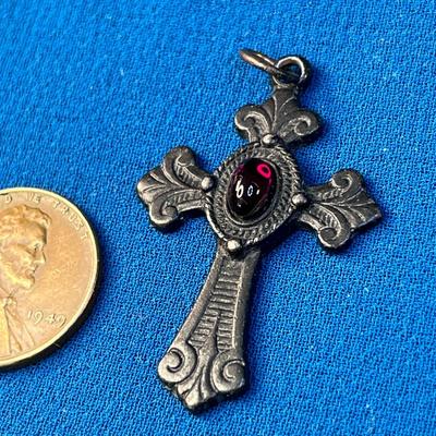 FANCY DARK METAL CROSS w/ RED STONE CENTER PENDANT