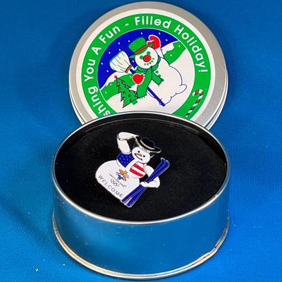 ENAMELED ARTICULATED SNOWMAN 2002 SALT LAKE OLYMPICS PIN IN GIFT TIN