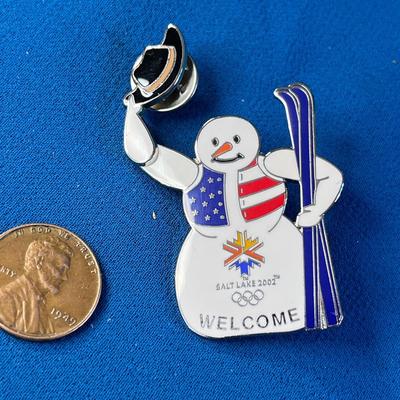 ENAMELED ARTICULATED SNOWMAN 2002 SALT LAKE OLYMPICS PIN IN GIFT TIN