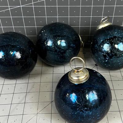 (4) Large 3" Mercury Glass Ornaments BLUE
