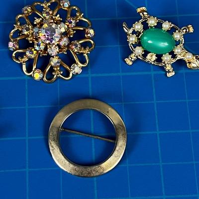 Collection of (5)Broches: Rhinestones, Turtle, Bird Etc.