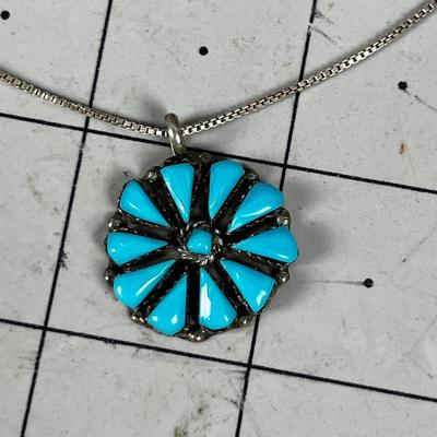 Sterling Flower Turquoise Pendant on Chain 16" Long 
