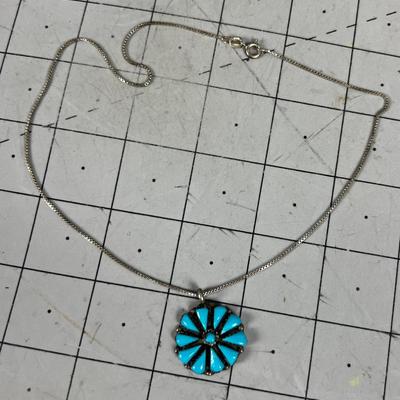 Sterling Flower Turquoise Pendant on Chain 16" Long 