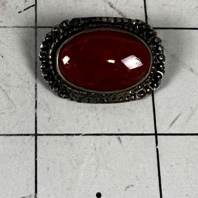 Antique Red Jasper Pin Set in Sterling Silver 