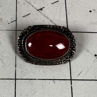 Antique Red Jasper Pin Set in Sterling Silver 