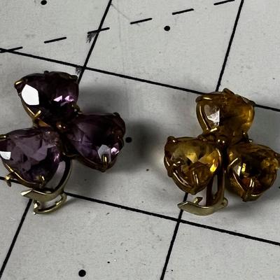 (2) 3 Leaf Clover Pins - Purple Amethyst and Topaz Antique CUTE! 