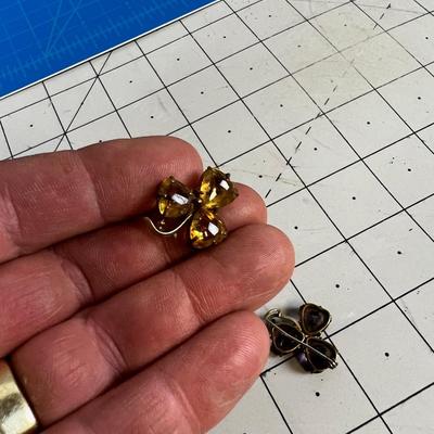 (2) 3 Leaf Clover Pins - Purple Amethyst and Topaz Antique CUTE! 