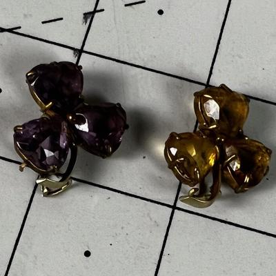 (2) 3 Leaf Clover Pins - Purple Amethyst and Topaz Antique CUTE! 
