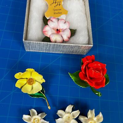 Collection of Brooches: Enamel, Ceramic and Leather 