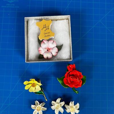 Collection of Brooches: Enamel, Ceramic and Leather 