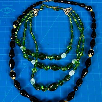 2 Glass Bead Necklaces; Green and Black