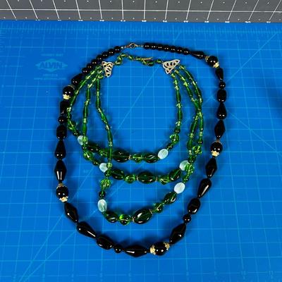 2 Glass Bead Necklaces; Green and Black