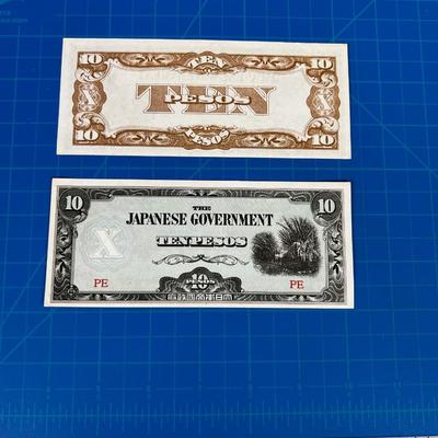 2 WWII 10 Peso NOTES - Basically Uncirculated 
