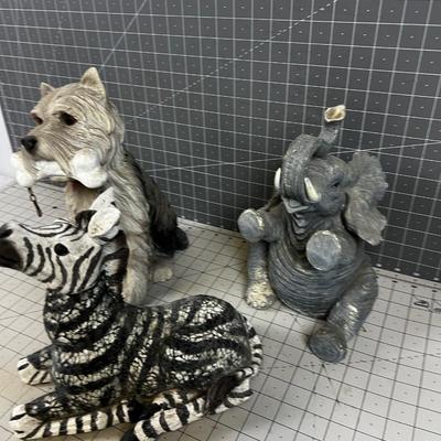 Resin Yard Art Statues (3) Zebra, Puppy and Elephant