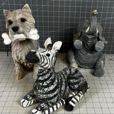 Resin Yard Art Statues (3) Zebra, Puppy and Elephant