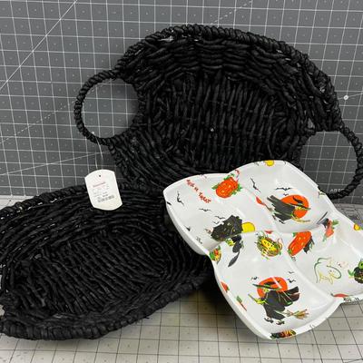 2 Black Tray Baskets and a Halloween Tray 