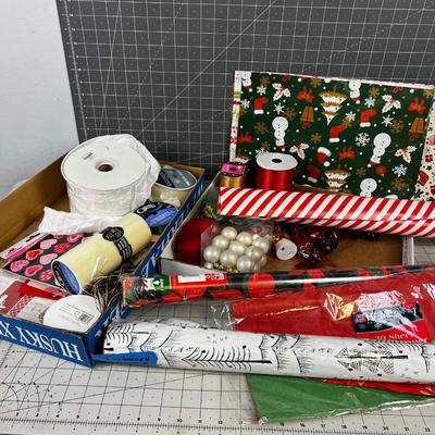 Lot of Christmas Wrapping Paper, Ornaments and Ribbon