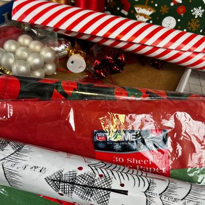 Lot of Christmas Wrapping Paper, Ornaments and Ribbon