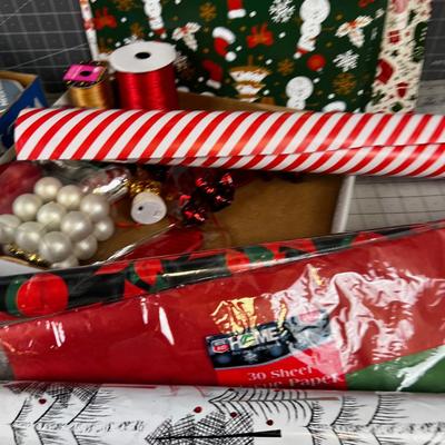 Lot of Christmas Wrapping Paper, Ornaments and Ribbon