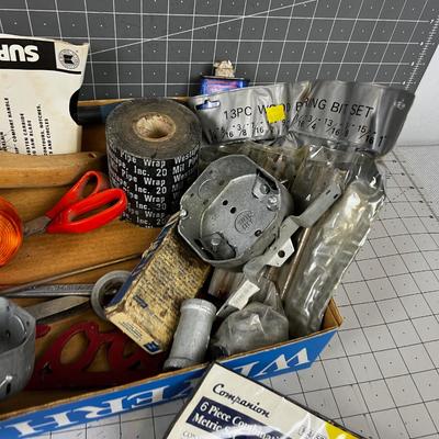 Box of Misc. Tools and Garage Part items