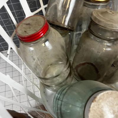 Basket full of Glass Antique Jars and Bottles 