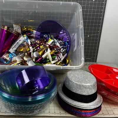 Box of New Years Eve Horns, Hats, etc.