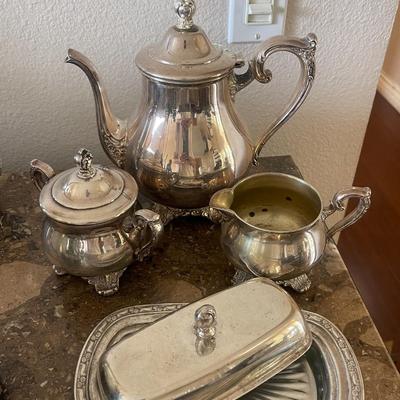 TEA SET and BUTTER DISH/HOLDER