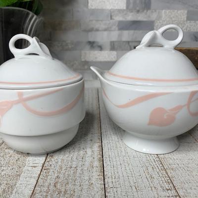 Vintage Mikasa â€œclassic flair peachâ€ Embossed Calla Lilies sugar bowl set