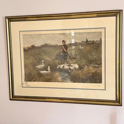 Vintage Framed Leon Moran, Maiden W. Geese Hand Colored Engraving